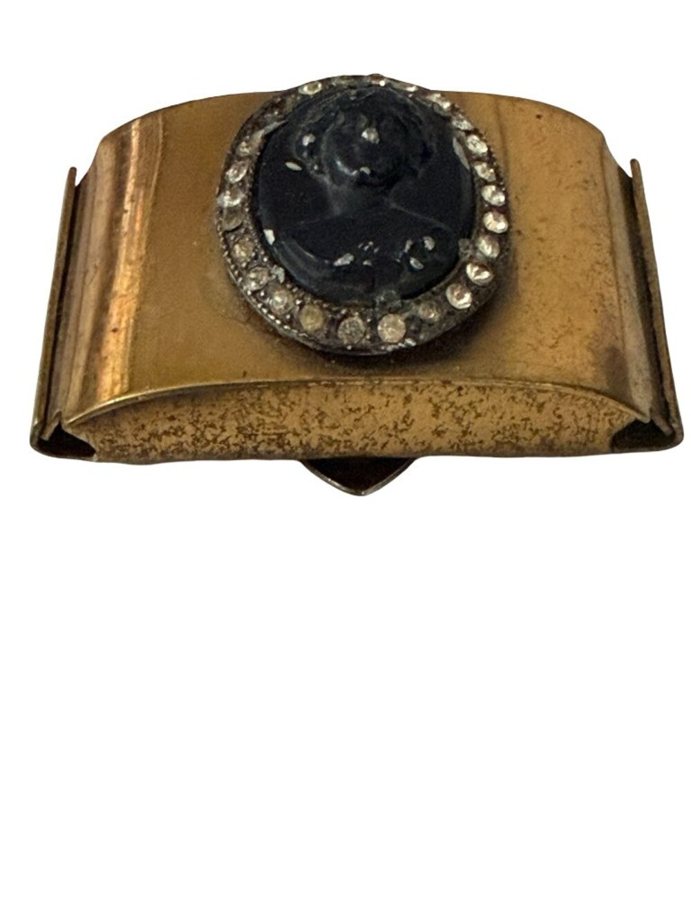 Vintage Cameo Scarf Clip Black Cameo Rhinestone Gold Tone Sweater Guard